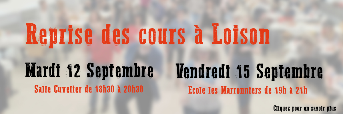 Reprise des cours le Mardi 12 Septembre 2023 à 18h30 à la salle Cuvelier et le vendredi 15 Septembre à l'école maternelle les Marronniers.